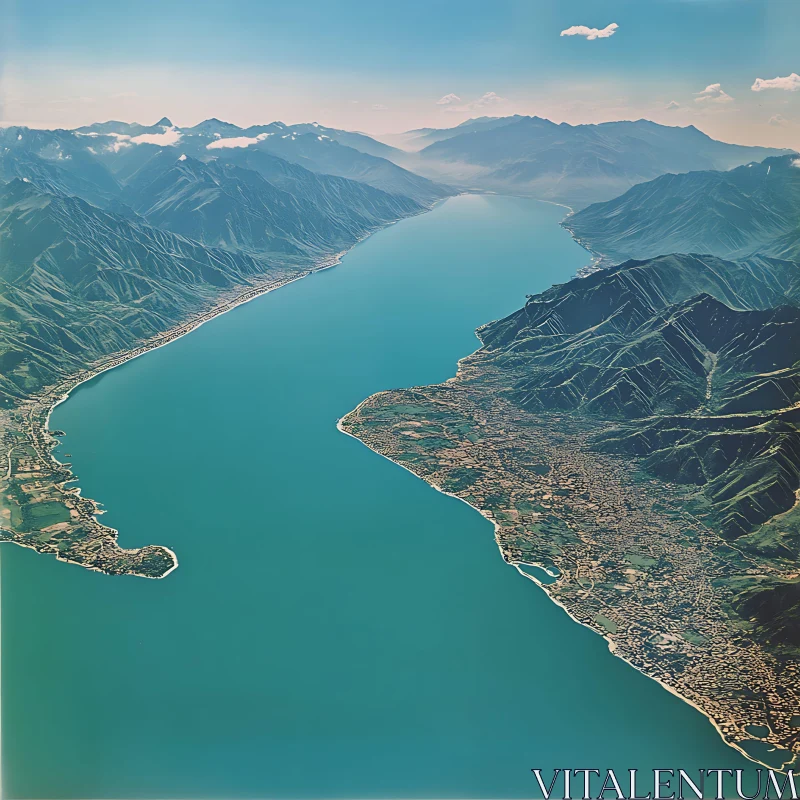 Aerial Scenic View of a Serene Lake and Mountain Range AI Image