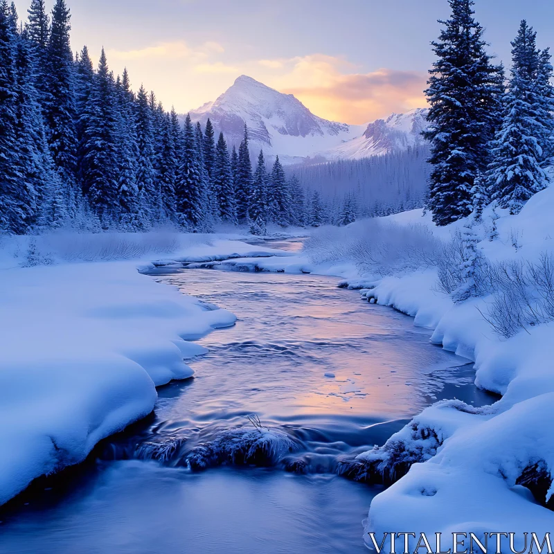 Peaceful Snowy River Scene with Mountain and Sunrise AI Image