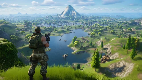 Soldier Observing Vast Video Game World from Hilltop