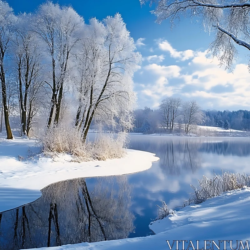 Peaceful Winter Scene with Snowy Trees and Calm Water Reflection AI Image