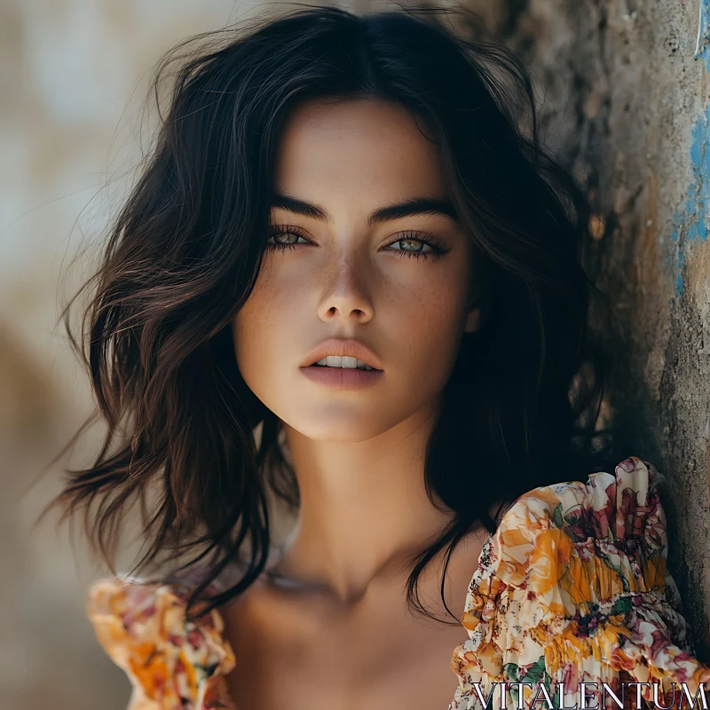 Elegant Woman with Dark Hair and Freckles AI Image