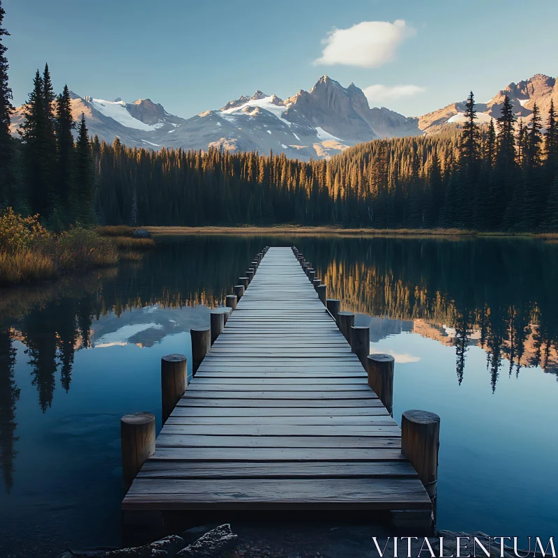 Peaceful Lake with Wooden Bridge and Mountain Reflection AI Image