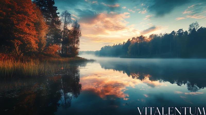 Autumn Sunset over Serene Lake with Misty Reflections AI Image