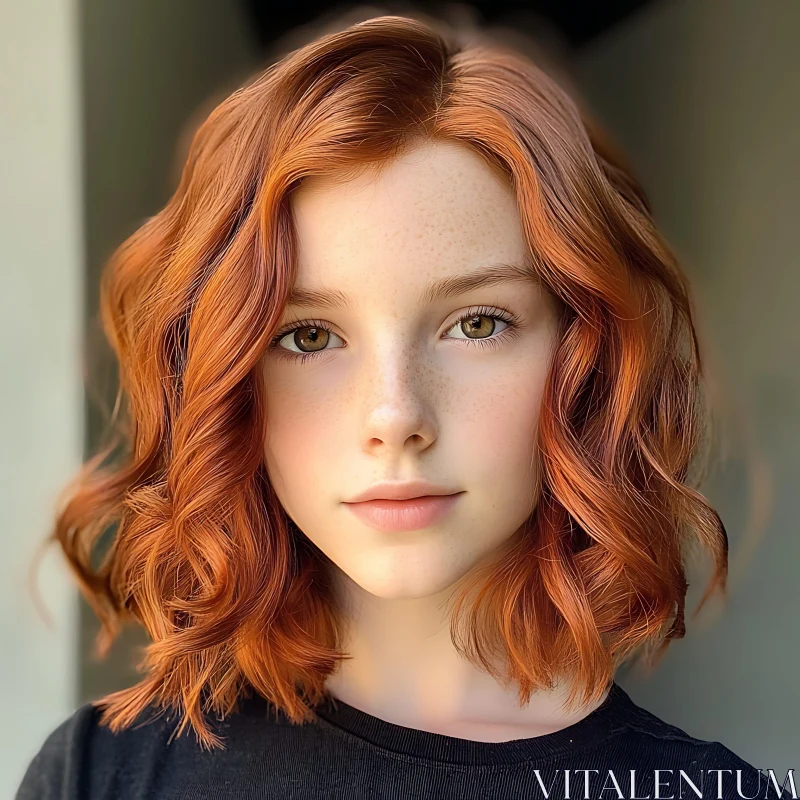 Youthful Redhead Woman with Curly Hair and Freckles AI Image