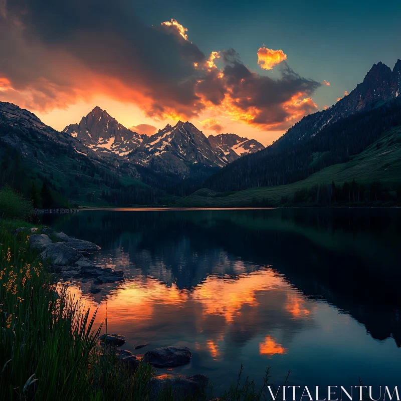 Sunset Over Serene Snow-Capped Mountains and Lake AI Image