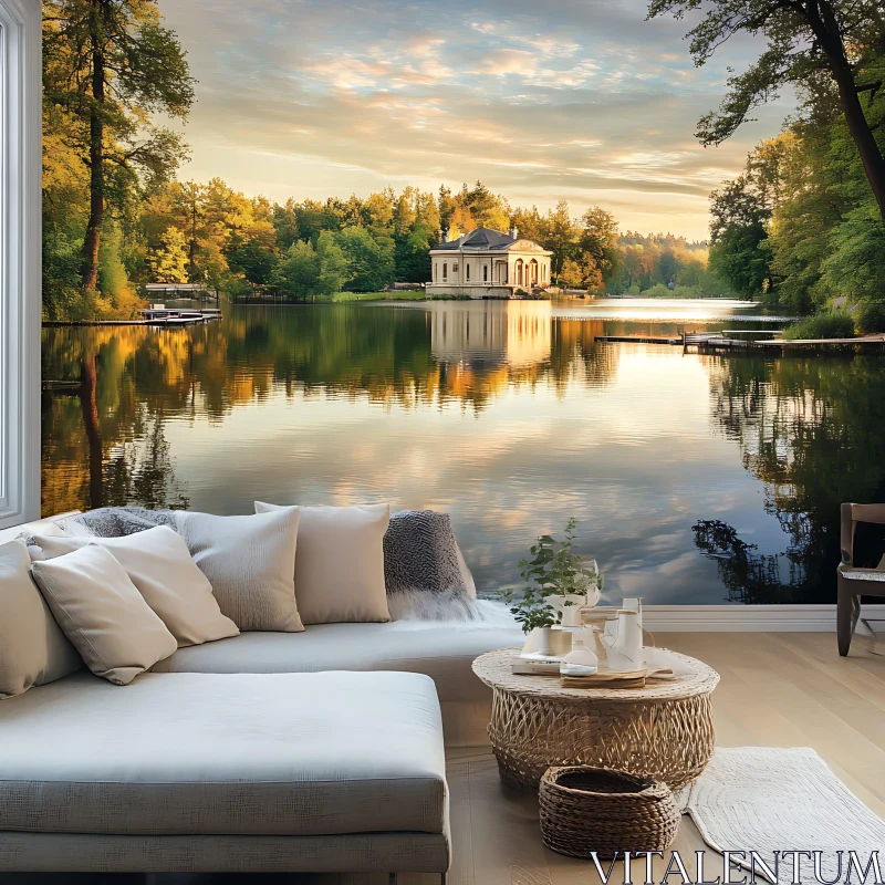 Peaceful Lake Reflection with Stylish Interior Design AI Image