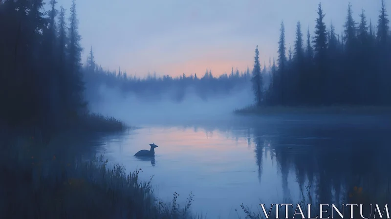 Misty Dawn Lake with Deer and Forest AI Image