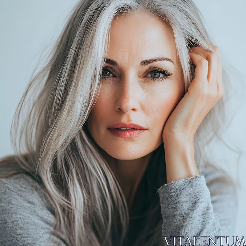 Contemplative Portrait of a Woman with Gray Hair AI Image