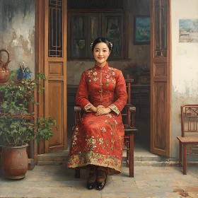 Vintage Asian Cultural Portrait of Woman in Red