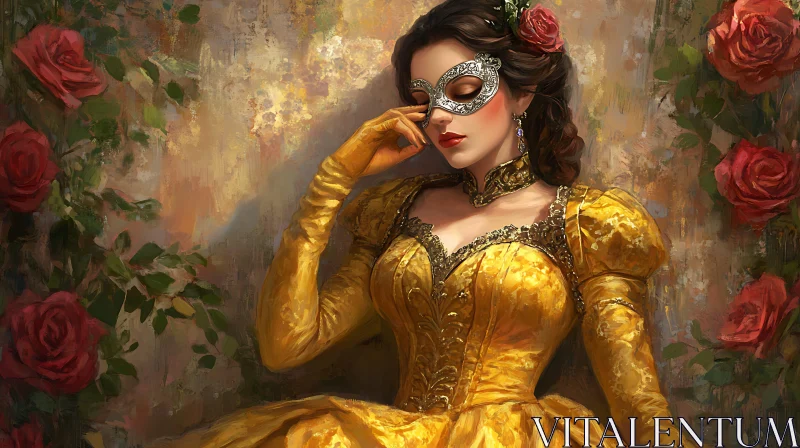 Masked Lady in Ornate Golden Gown with Roses AI Image