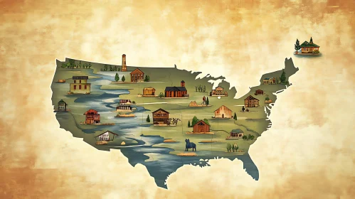 Illustrated Map of USA with Significant Buildings