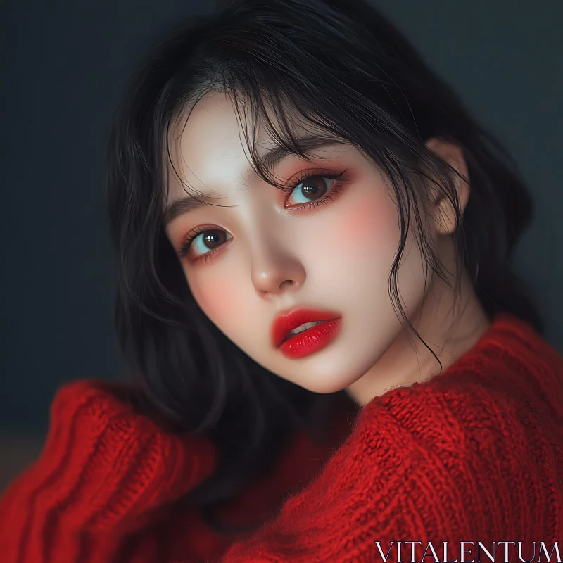 Beauty in Red: Woman's Elegant Portrait AI Image