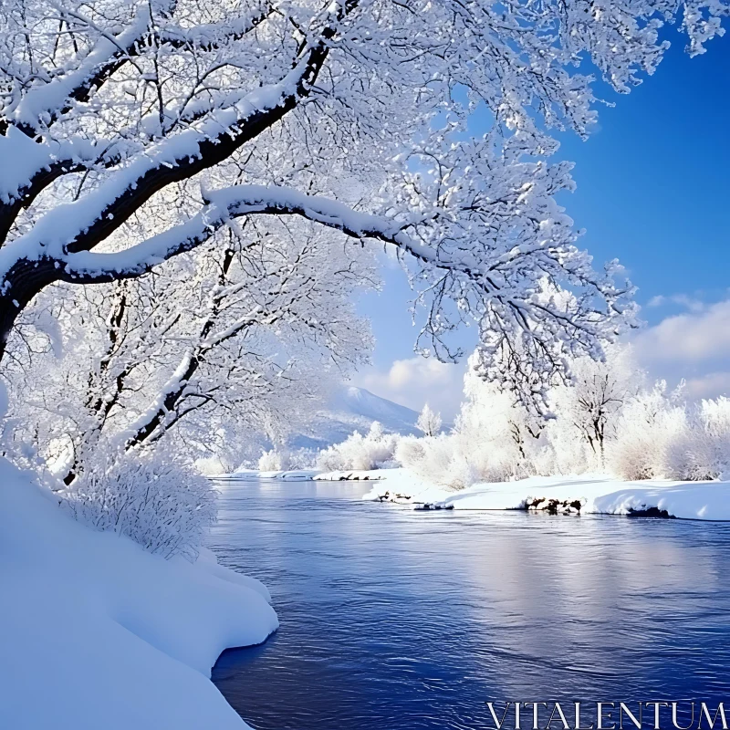 Tranquil Winter Landscape with Snowy River AI Image