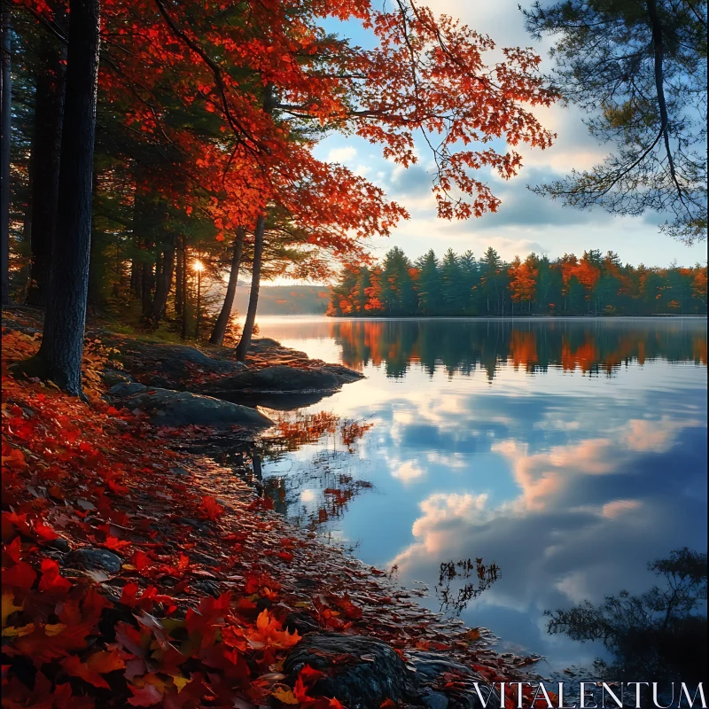 Autumnal Forest Lake and Sunset Reflection AI Image