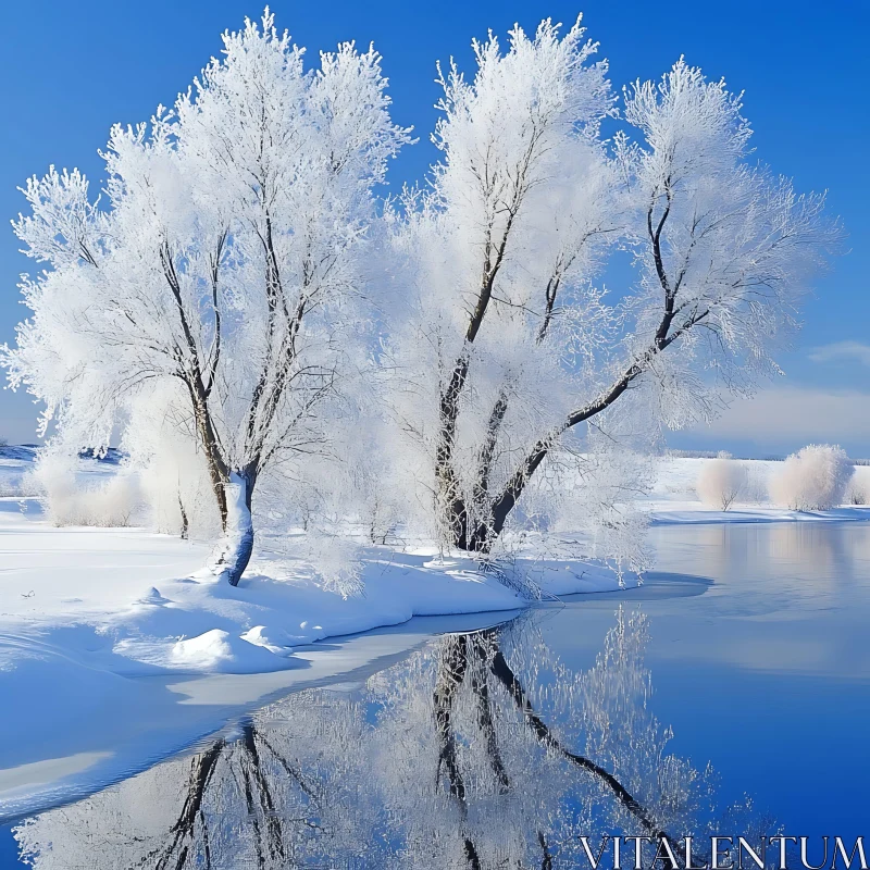 AI ART Peaceful Snowy Scene with Snow-Laden Trees and Clear River