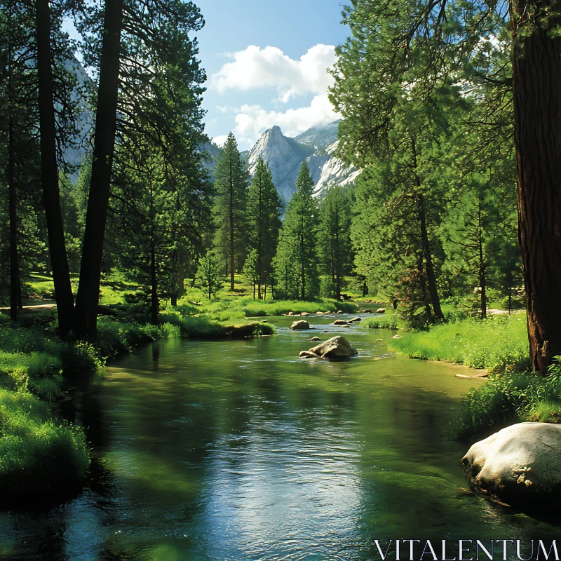 Serene River in a Green Forest with Mountains AI Image