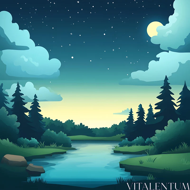 AI ART Tranquil Night Forest and River View