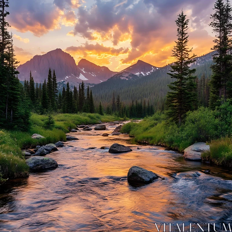 Serene River at Sunset with Mountain Background AI Image