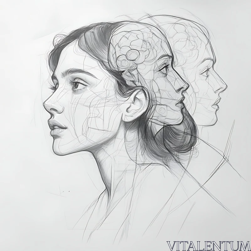 Pencil Drawing of Woman's Profile in Abstract Style AI Image