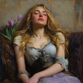 Peaceful Blonde Woman in Classic Oil Painting