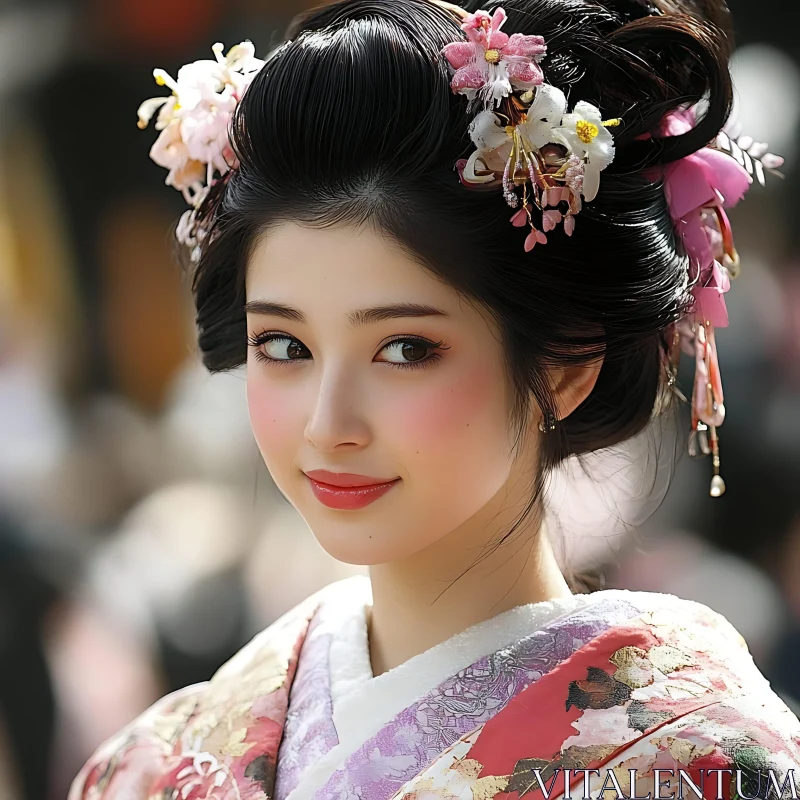 Elegant Portrait of a Geisha in Floral Kimono AI Image