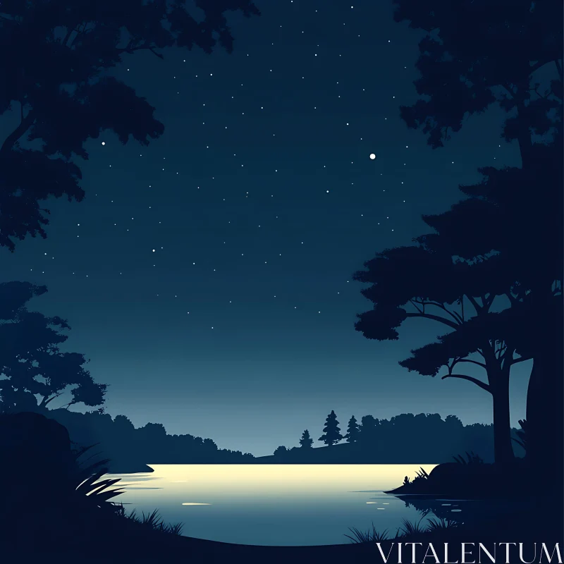 Serene Lake Nightscape under a Starry Sky AI Image