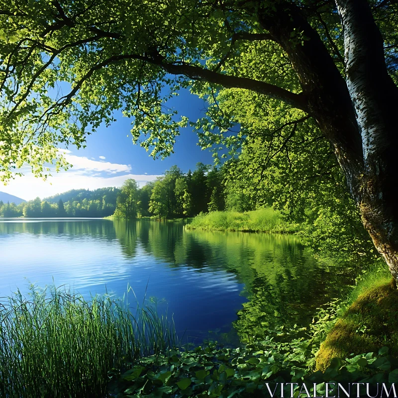 Peaceful Lake with Green Trees and Blue Sky Reflection AI Image