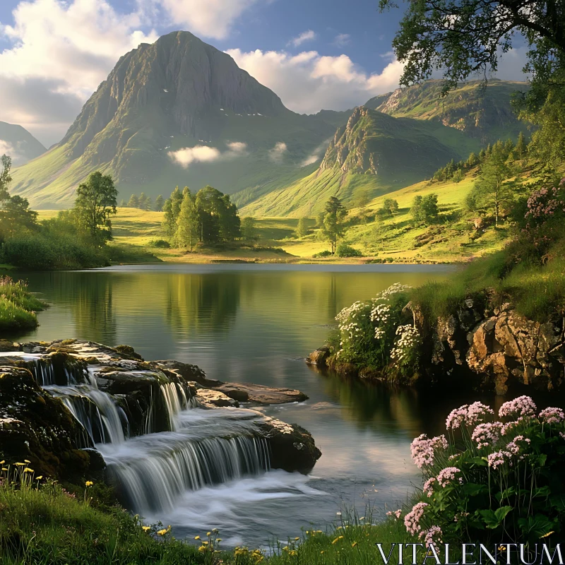 Tranquil Nature Scene with Lake and Waterfall AI Image