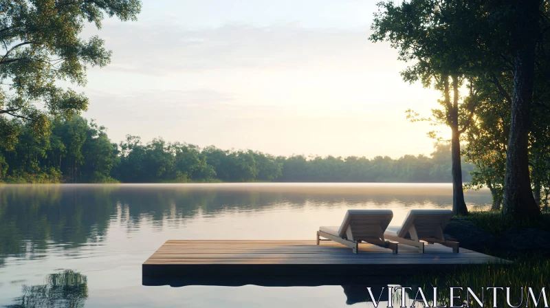 Tranquil Lakeside Sunset with Wooden Dock and Seating AI Image