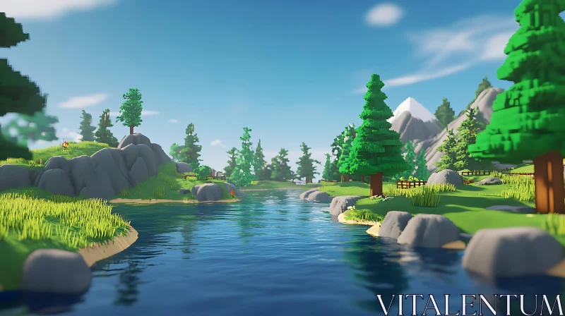 Tranquil Low-Poly Lake Scene with Snow-Capped Mountain AI Image