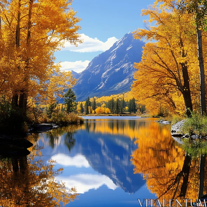 Tranquil Lake with Autumn Colors and Mountaintop Reflections AI Image