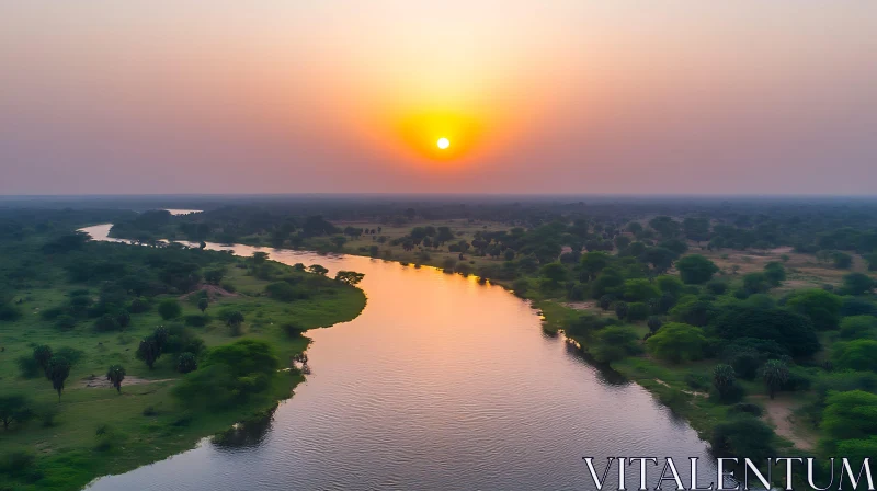 Tranquil River Sunset Aerial View AI Image