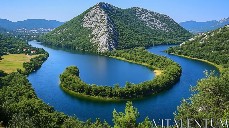 Idyllic River Valley with Verdant Hills and Blue Waters AI Image