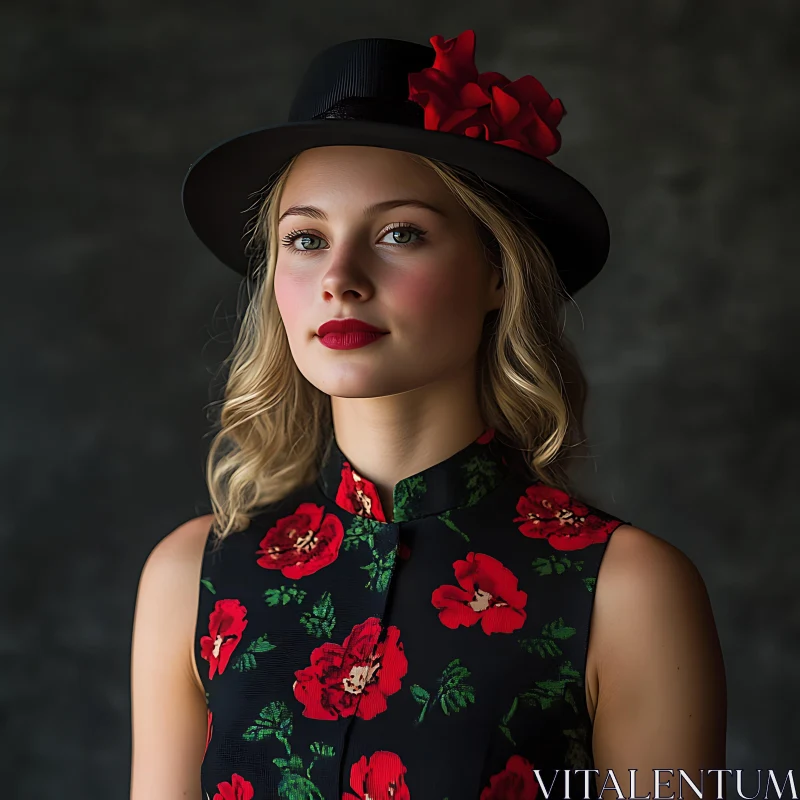 Blonde Woman in Red-Flowered Ensemble AI Image