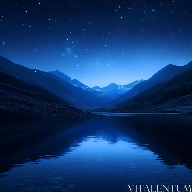 Peaceful Mountain Lake under a Star-filled Sky AI Image