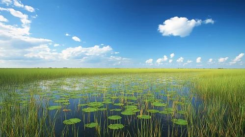 Tranquil Marsh Scene with Water Lilies