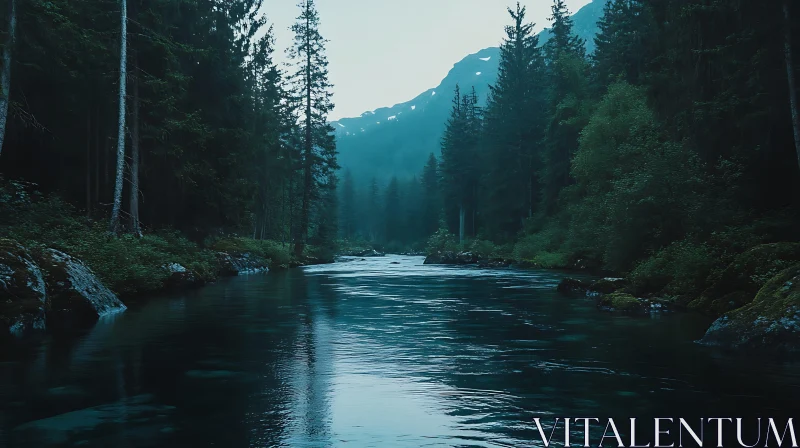 Serene Forest River with Mountain Backdrop AI Image