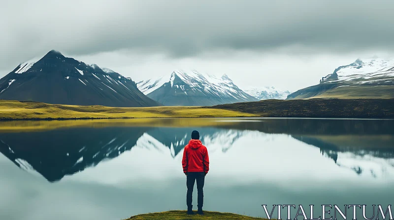 Serene Mountainous Reflection with Solitary Figure AI Image