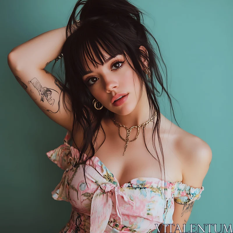 AI ART Stylish Woman with Tattoos in Pastel Dress