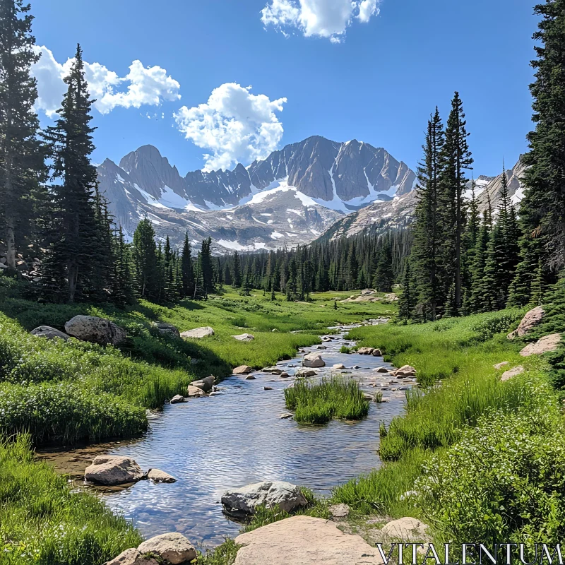 Scenic Mountain Valley with Flowing Stream AI Image