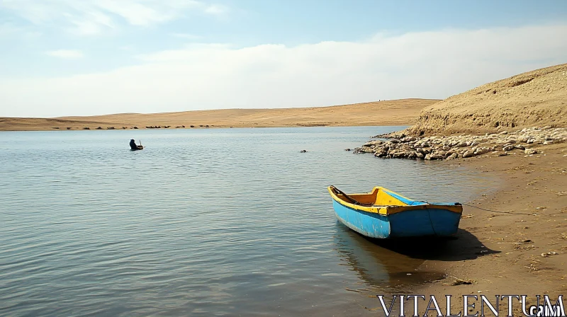 AI ART Tranquil Lakeside: Boat and Shoreline Serenity