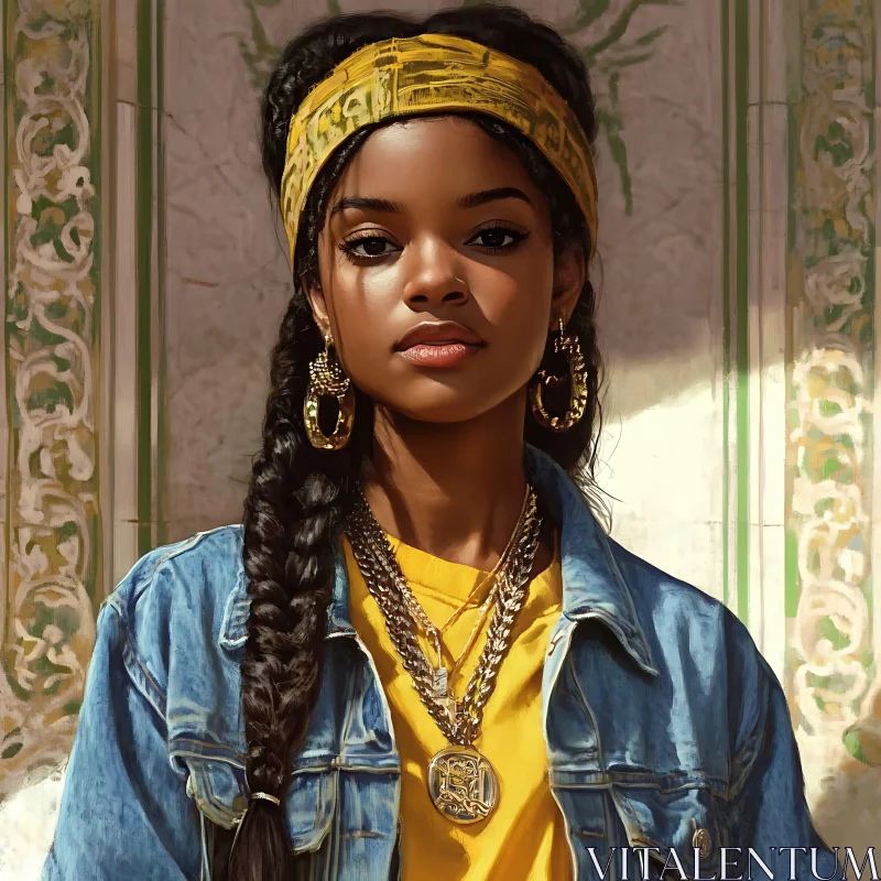 Stylish Woman with Braided Hair and Gold Accessories AI Image