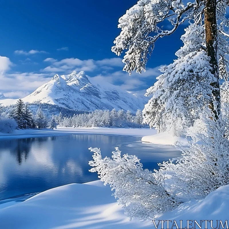 Winter Wonderland with Snowy Mountains and Calm Lake AI Image