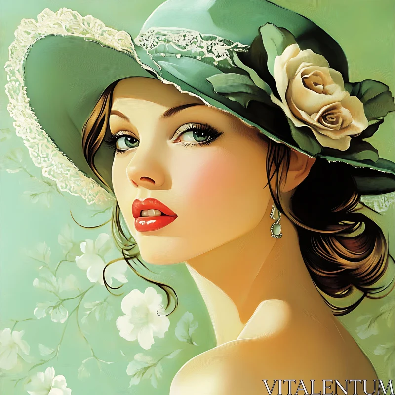 AI ART Classic Woman Portrait with Floral Hat