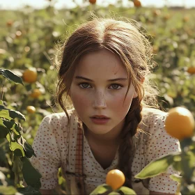 Red-Haired Girl with Freckles in Rural Field