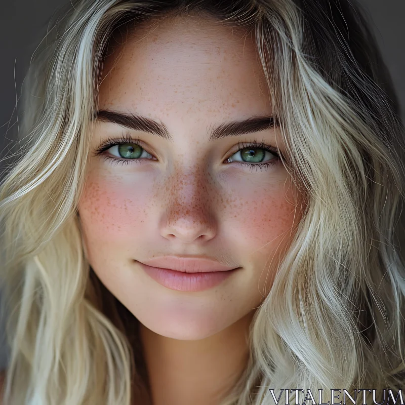 Blonde Woman with Freckles and Green Eyes Portrait AI Image