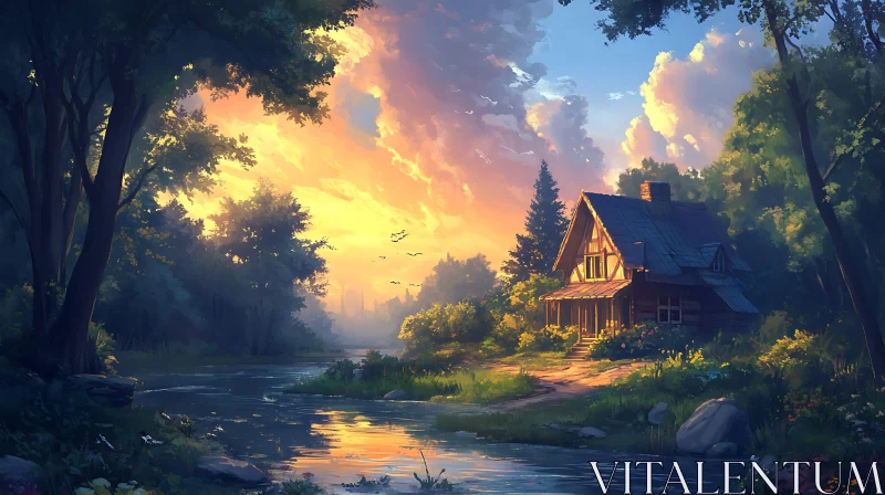 Idyllic Sunset Cottage in the Forest AI Image