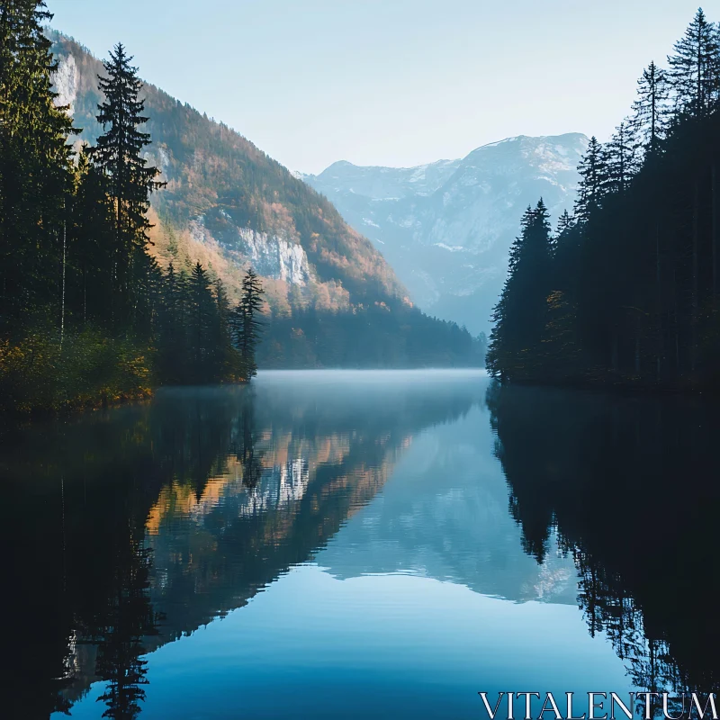 Tranquil Lake with Mist and Mountains AI Image