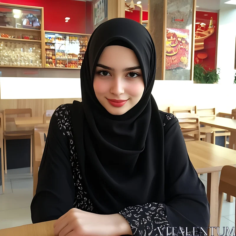 Woman in Black Hijab at a Café AI Image