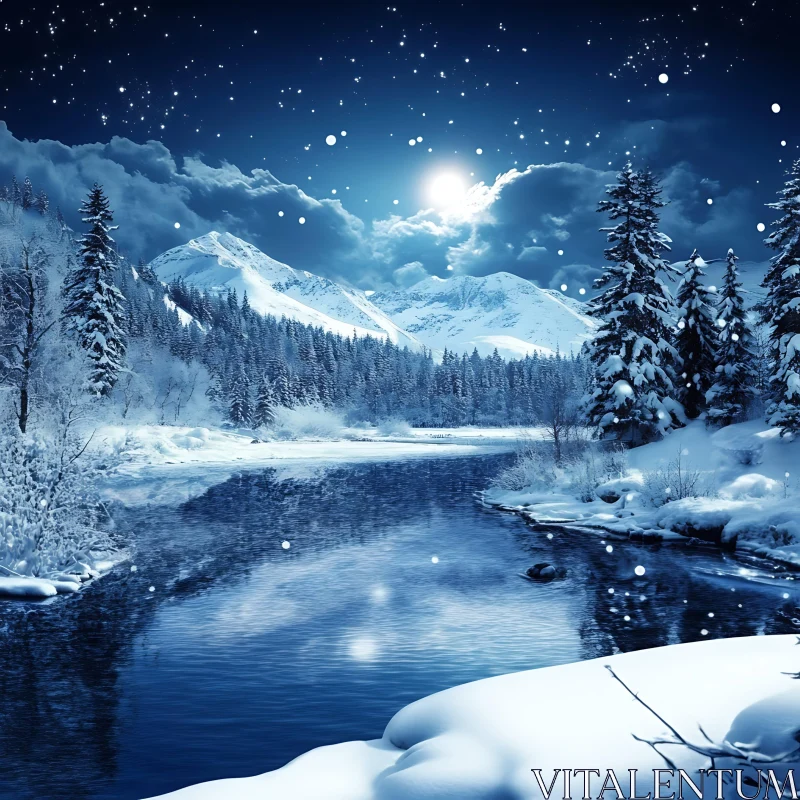 Snow-Covered Landscape with River and Moonlit Night Sky AI Image